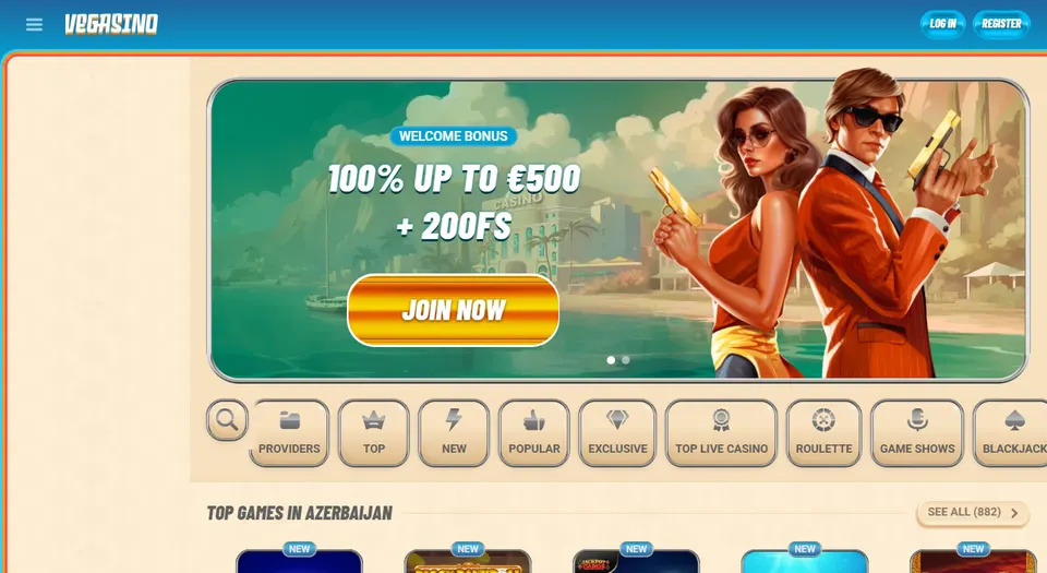 Homepage di Vegasino, casinò estero con deposito da 10 €